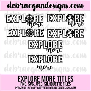 Pode incluir: Conjunto de cinco imagens de design gráfico em preto e branco com o texto "Explore More" em diferentes estilos. As imagens incluem uma bússola, um globo terrestre e uma fonte estilizada.