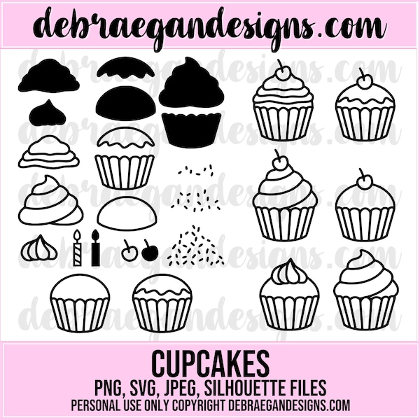 8 Styles - Cupcakes Cut Files - SVG, PNG - Layered Cupcakes, Sprinkles - Digital Cut File, Cricut, Silhouette - Cake, Birthday, Candle