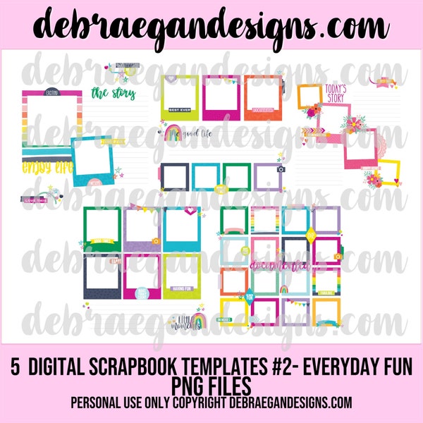 5 12x12 Digital Scrapbook Templates #2 (2 Styles of each) - Transparent PNG Template, Scrapbooking, Digital Memory Keeping (Everyday Fun)