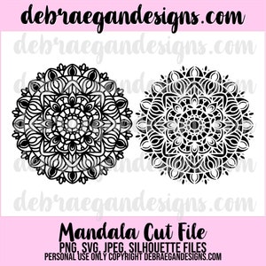 May include: Two black mandala cut files with intricate floral designs. The image includes the text "Mandala Cut File" and the website "debraegandesigns.com". The files are available in PNG, SVG, JPEG, and Silhouette formats.