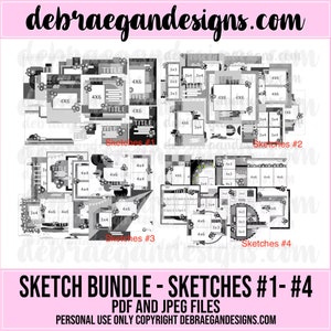 Lot de croquis - croquis n°1 - n°4 - 40 croquis, guides de découpe et de placement inclus - croquis de scrapbooking 12 x 12, scrapbooking, livre PDF, ebook