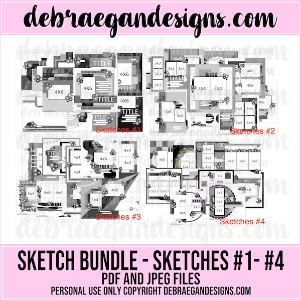 Sketch Bundle - Sketches #1 - #4 - 40 Sketches Includes Cutting and Placement Guides - 12x12 Scrapbook Sketches, Scrapbook, PDF Book, ebook