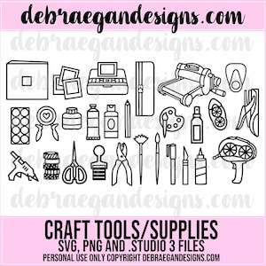 May include: Black and white line art illustrations of various craft tools and supplies, including scissors, paint tubes, a glue gun, and a cutting machine. The text "CRAFT TOOLS/SUPPLIES" is also present.