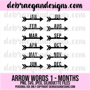 Arrow Words #1 - Miesiące Cyfrowy Plik Cięty - SVG, PNG, JPEG - Silhouette Cameo, Cricut - Strony Kieszonkowe, Dziennik, Tworzenie Kartek, Scrapbooking