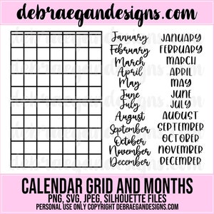 Griglia del mese del calendario e titoli dei mesi File di taglio digitale - 2 stili - SVG, PNG, JPEG - Silhouette Cameo, Cricut - Scrapbooking