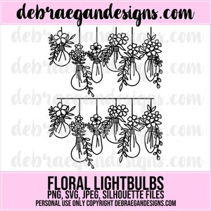 Kwiatowe żarówki Cyfrowy plik do cięcia - SVG, PNG, JPEG - Silhouette Cameo, Cricut - Żarówki, Kwiaty, Światła, Scrapbooking