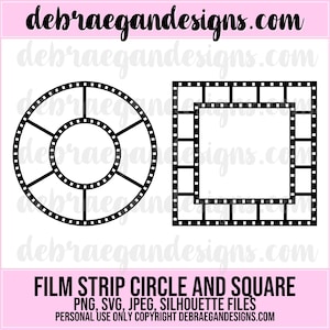 May include: Black and white silhouette of a film strip circle and square. The circle has six spokes and the square has a smaller square inside.