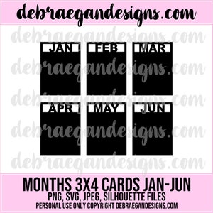 Months 3x4 Cards Jan- Jul Digital Cut File -  SVG, PNG, JPEG -  Silhouette Cameo, Cricut - Pocket Pages, Journal, Card Making, Scrapbooking
