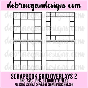 May include: Four black and white grid overlays for scrapbooking. Each grid has a different number of squares. The grids are labeled "Scrapbook Grid Overlays 2".