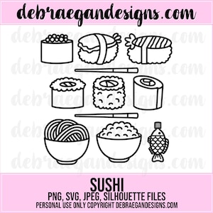Arquivo de corte digital de sushi - 6 estilos - SVG, PNG, JPEG - Silhouette Cameo, Cricut - Sushi, pauzinhos, macarrão, álbum de recortes de arroz