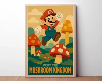 May include: A framed poster featuring a cartoon character jumping in front of colorful mushrooms. The character wears a red hat and blue overalls. The poster has the text "VISIT THE MUSHROOM KINGDOM" at the bottom, with a vintage travel poster style.