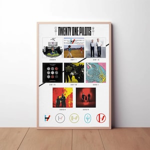 May include: A white poster featuring the text TWENTY ONE PILOTS at the top, displaying a chronological grid of eight album covers from 2009 to 2025. A diagonal black line crosses the center, and five circular band logos appear at the bottom.