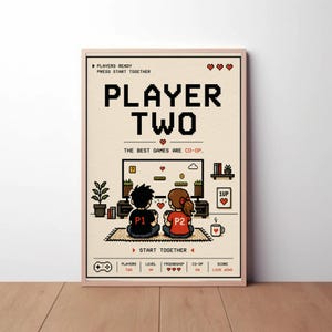 Retro Pixel Art Couple Poster, Player Two Co-Op Gaming Wall Art