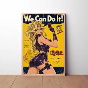 Pode incluir: Um cartaz vertical com uma personagem de anime loira em um traje roxo segurando uma carta. O texto inclui "We Can Do It!", "Beauty Plays To Win", "Yu-Gi-Oh!", "Mai Valentine", "Intelligence Strategy Confidence No Limits" e "It's Not Luck It's Skill".