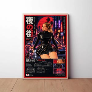 May include: A vertical poster featuring a person in a black dress leaning on a blue Nissan Skyline R34 GT-R against a red sun and city backdrop. The text includes "Midnight Run" and technical specifications with dimensions in millimetres.