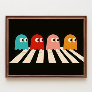 Puede incluir: Una lámina de arte enmarcada con cuatro figuras en forma de fantasma en colores cian, rojo, rosa y naranja. Las figuras tienen grandes ojos blancos con pupilas negras y están alineadas caminando sobre rayas blancas de paso de cebra en un fondo negro.