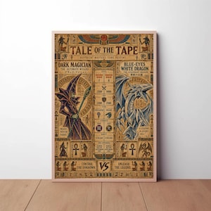 Pode incluir: Um cartaz retangular com um design Tale of the Tape apresentando ilustrações do Mago Negro e do Dragão Branco de Olhos Azuis. O fundo tem uma estética egípcia com hieróglifos, tons dourados e estatísticas detalhadas.
