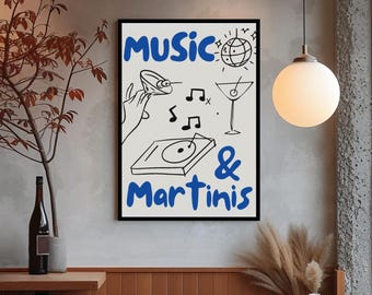 Music and Martinis Poster, Retro Cocktail Art (Digital Download)