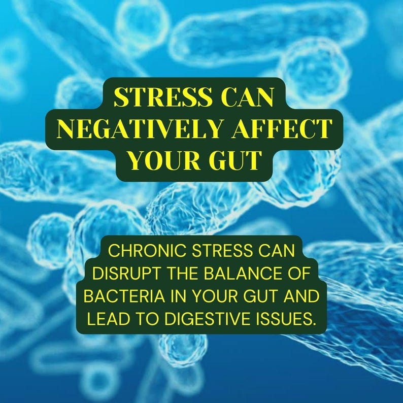 May include: A blue background with a graphic of bacteria. The text "STRESS CAN NEGATIVELY AFFECT YOUR GUT" is in yellow letters on a green background. The text "CHRONIC STRESS CAN DISRUPT THE BALANCE OF BACTERIA IN YOUR GUT AND LEAD TO DIGESTIVE ISSUES." is in white letters on a green background.