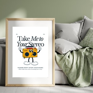 Take Me to Your STEREO, Music Wall Art, Retro Groovy Print, Turntable Design, Trendy Dorm Art, Digital Poster, Printable Home Decor