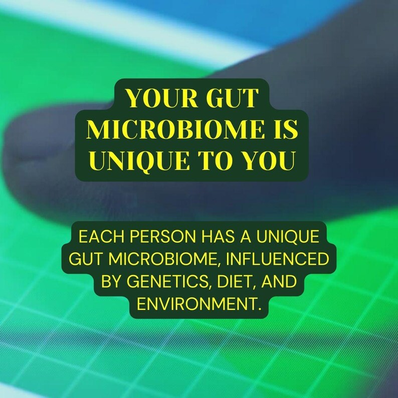 May include: A green and black grid pattern with the text "YOUR GUT MICROBIOME IS UNIQUE TO YOU" and "EACH PERSON HAS A UNIQUE GUT MICROBIOME, INFLUENCED BY GENETICS, DIET, AND ENVIRONMENT."