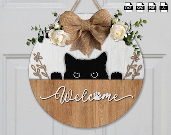 猫のウェルカムサインレーザーカットファイル：DIY CNCマルチレイヤー（デジタルダウンロード）