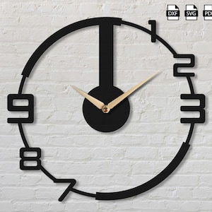 以下が含まれることがあります： 黒と白のユニークなデザインの時計。数字は時計の文字盤の周りに円形に配置されており、時針は3時を指しています。時計は黒の背景に白い数字です。