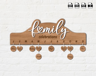 ファミリーカレンダーサイン DXF/SVG、デジタルインスタントダウンロード (DXF、SVG、PDF、AI)、レーザー CNC プラズマウォータージェットカット、DIY ウォールアートアイデアファイル