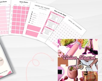 Pink Winter Wellness Tracker, Vision Board, Girly Aesthetic (Digital Download)