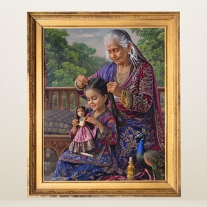 Grandmother&#39;s Care | Indian Mughal inspired digital art work, Printable wall art, traditional Indian Pakistani art, Indian woman Hair oil