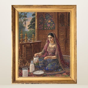 Rhythms of Heritage: A Mughal Maiden Churning Buttermilk | digital art, Printable, traditional Indian Pakistani art, Indian woman painting