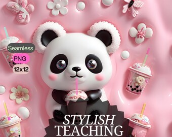 Coquette Panda Boba Tea Seamless Pattern: Hearts & Dogs Digital Paper