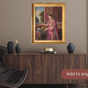 May include: A framed painting of a woman in a pink and teal dress pouring tea from a silver teapot. The painting is set in a room with ornate furniture and a view of a garden.