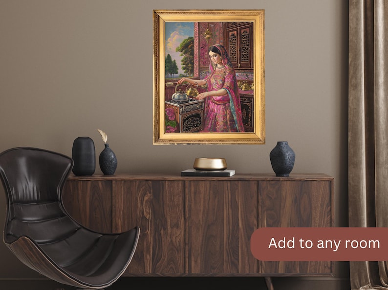 May include: A framed painting of a woman in a pink and teal dress pouring tea from a silver teapot. The painting is set in a room with ornate furniture and a view of a garden.