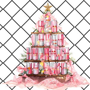 May include: A festive Christmas tree made of Red Bull cans, decorated with pink bows and ribbons. The tree is set against a white background with a black diamond pattern, and topped with a gold star.