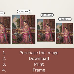 May include: A digital painting of a woman in a pink and gold dress pouring tea from a silver teapot. The woman is standing in a kitchen setting with a window behind her. The painting is available in various sizes, from 4x5 inches to 40x50 inches.