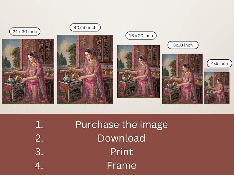 May include: A digital painting of a woman in a pink and gold dress pouring tea from a silver teapot. The woman is standing in a kitchen setting with a window behind her. The painting is available in various sizes, from 4x5 inches to 40x50 inches.