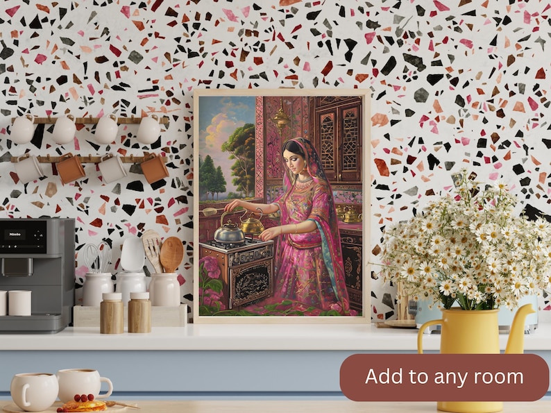 May include: A framed painting of a woman in a pink and gold dress pouring tea from a silver teapot. The woman is standing in a kitchen with a stove and cabinets in the background. The painting has a vintage style.