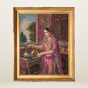 May include: A painting of a woman in a pink and gold sari standing in a kitchen, pouring water from a silver teapot into a pot on a stove.