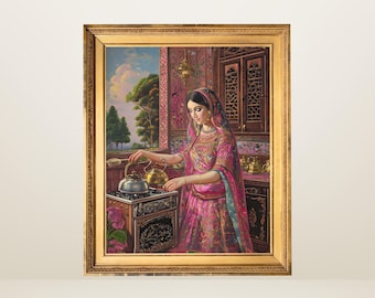 Mogul-Kunstdruck: Indische Frau bereitet Chai zu (Digitaler Download)