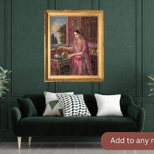 May include: A framed painting of a woman in a pink and gold sari pouring tea in a kitchen setting.