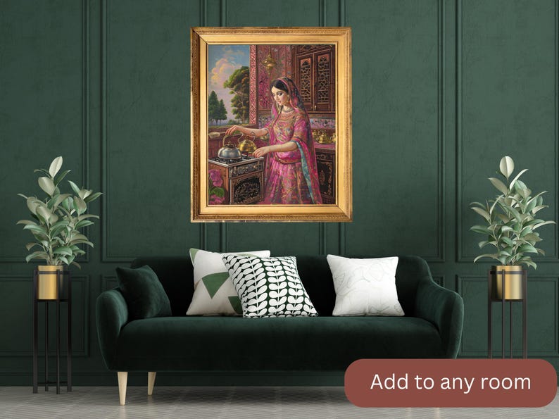 May include: A framed painting of a woman in a pink and gold sari pouring tea in a kitchen setting.