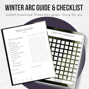 Könnte beinhalten: Zwei bedruckbare Seiten mit der Aufschrift "Winter Arc Guide & Checklist". Eine Seite ist eine Checkliste mit täglichen Zielen, die andere ein Countdown-Kalender. Die Seiten sind schwarz-weiß mit einem dunkelvioletten Hintergrund.