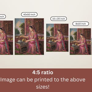 May include: A digital illustration of a woman in a pink and gold dress pouring tea from a silver teapot into a cup. The illustration is set in a kitchen with a window and a tiled floor. The text "4:5 ratio" and "Image can be printed to the above sizes!" is displayed below the illustration.
