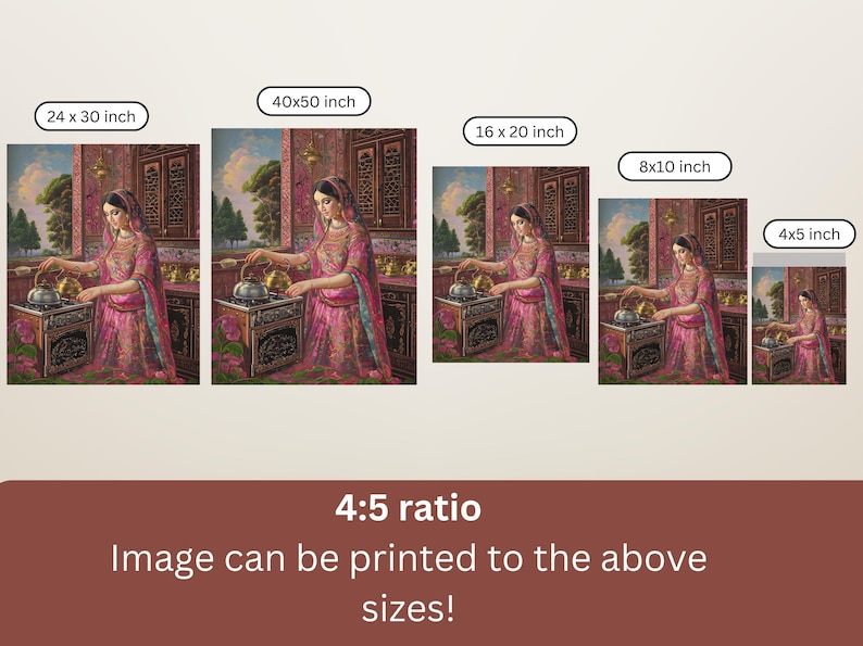 May include: A digital illustration of a woman in a pink and gold dress pouring tea from a silver teapot into a cup. The illustration is set in a kitchen with a window and a tiled floor. The text "4:5 ratio" and "Image can be printed to the above sizes!" is displayed below the illustration.