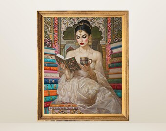 Der Trost einer Mughal-Frau | Indische Mughal inspirierte digitale Kunstwerk, druckbare Wandkunst, traditionelle indische pakistanische Kunst indische Frau, die lesen
