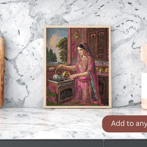 May include: A woman in a pink and gold dress stands in a kitchen setting, pouring water from a kettle into a stovetop pot. The kitchen has a wooden cabinet with intricate carvings and a window with a view of trees.