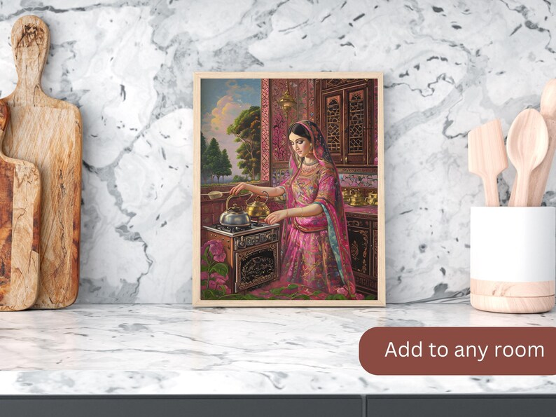 May include: A woman in a pink and gold dress stands in a kitchen setting, pouring water from a kettle into a stovetop pot. The kitchen has a wooden cabinet with intricate carvings and a window with a view of trees.