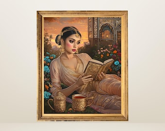Goldene Träumerei | Sonnenuntergang lesen | Indische Mughal inspirierte digitale Kunst Arbeit, druckbare Wandkunst, traditionelle indische pakistanische Kunst indische Frau