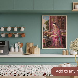 May include: A framed painting of a woman in a pink and gold dress standing in a kitchen setting. The woman is holding a teapot and pouring tea into a cup. The painting is set against a teal green wall with a shelf of mugs above it. The text "Add to any room" is at the bottom of the image.